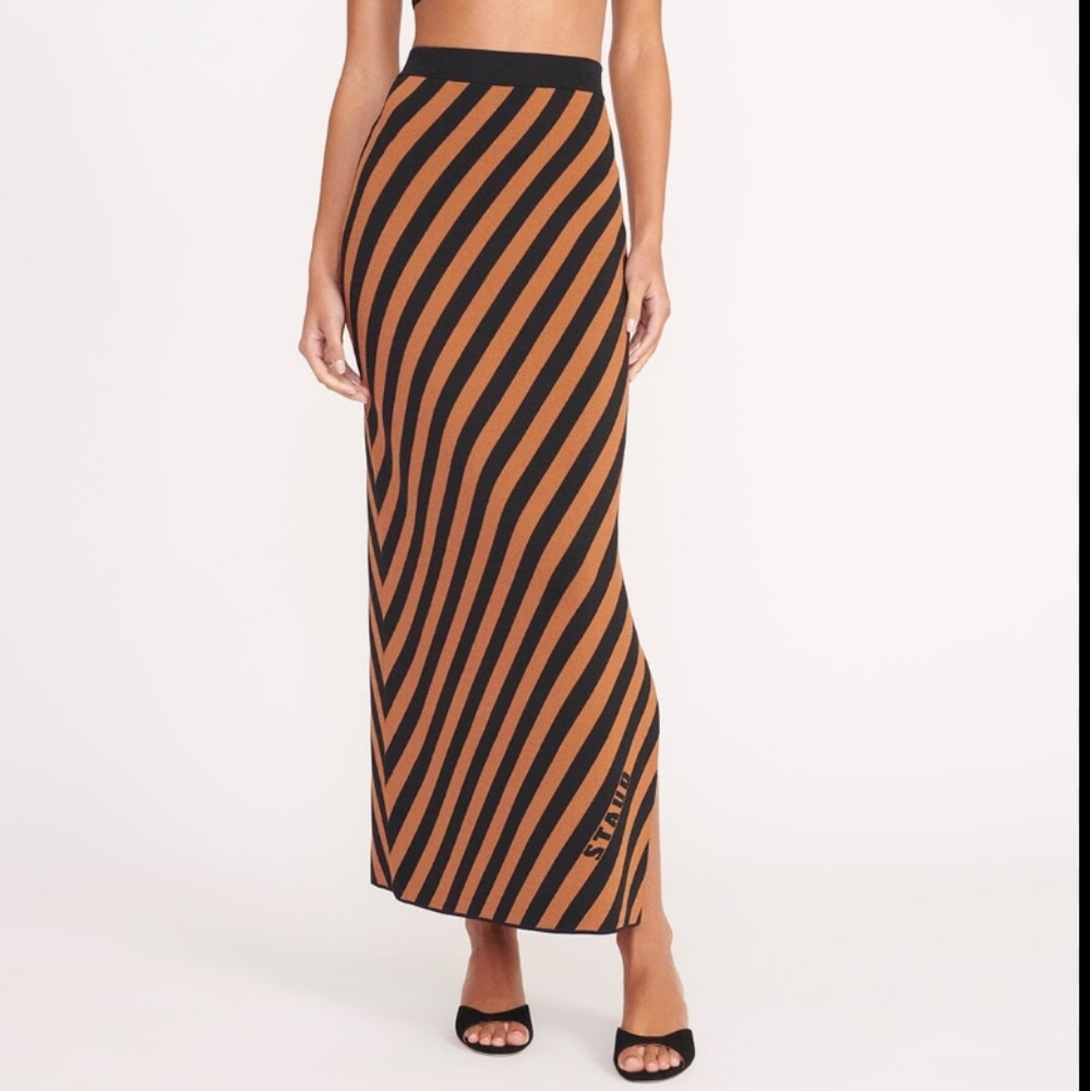 Staud Black and Brown Striped Skirt With Side Slit
